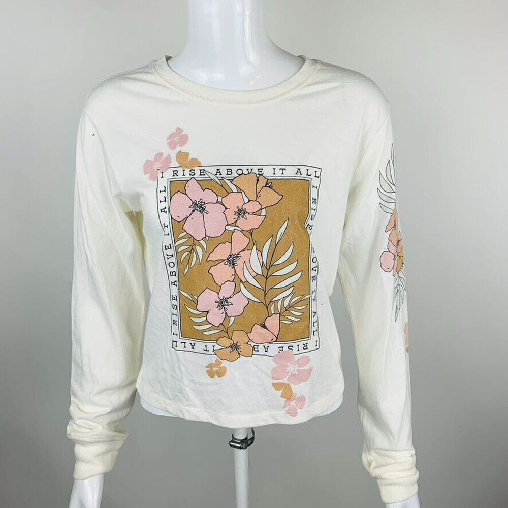 New Love Tribe Juniors Small T-Shirt I Rise Above Long Sleeve Ivory Floral NWT - Picture 3 of 8